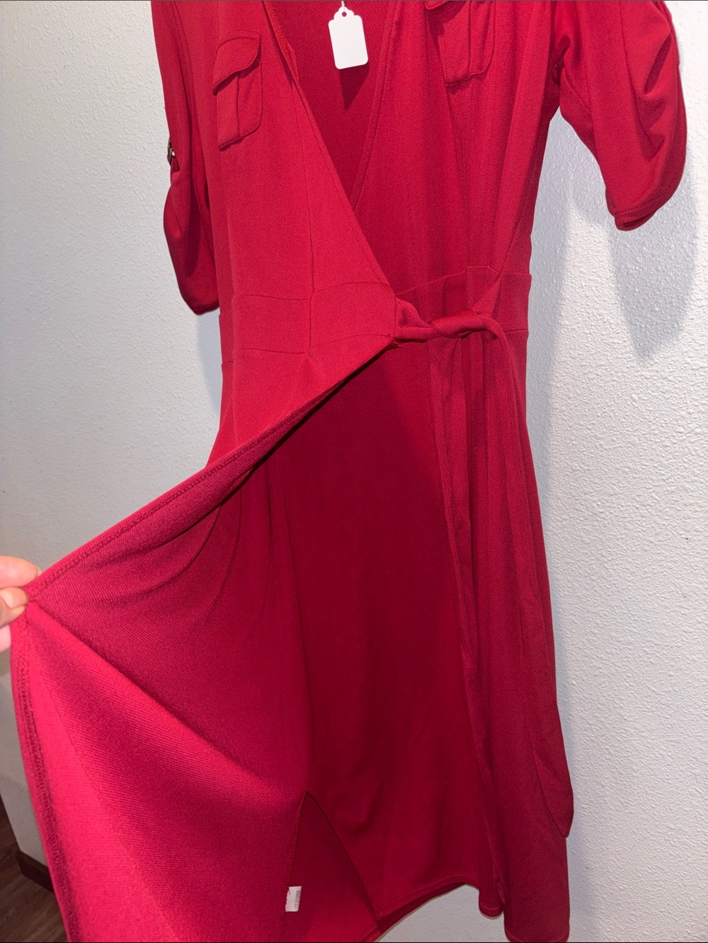 LOFT Red Midi Wrap Shirt Dress with Utility Pockets - Picture 3 of 5